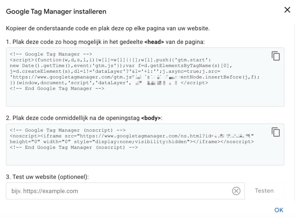 Google Tag Manager installeren - code in head en body