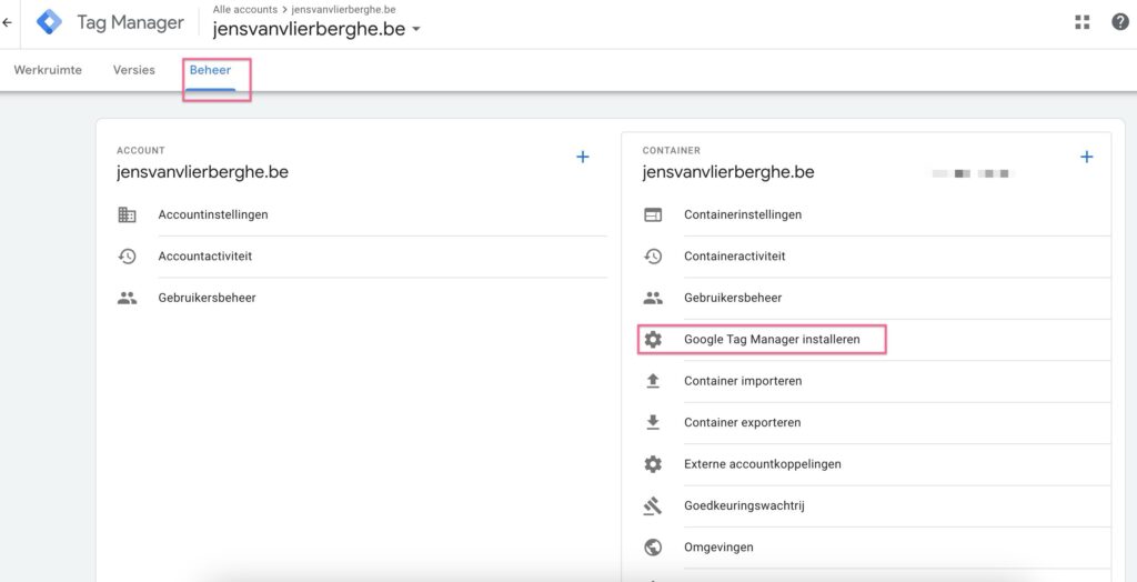 Google Tag Manager installeren - Beheer openen