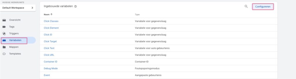 Ingebouwde variabelen configureren in GTM