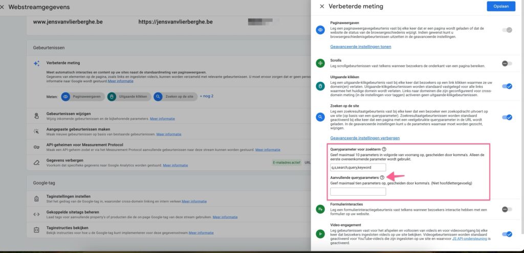 Site search parameter aanvullen indien deze afwijkt van de ingebouwde parameters