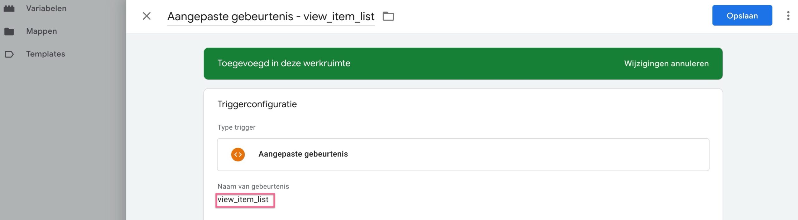 e-commerce tracking trigger configuratie voor view_item_list