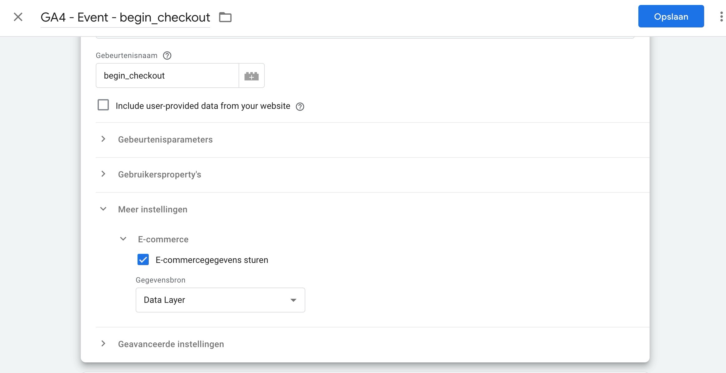 e-commerce tracking tag configuratie voor begin_checkout
