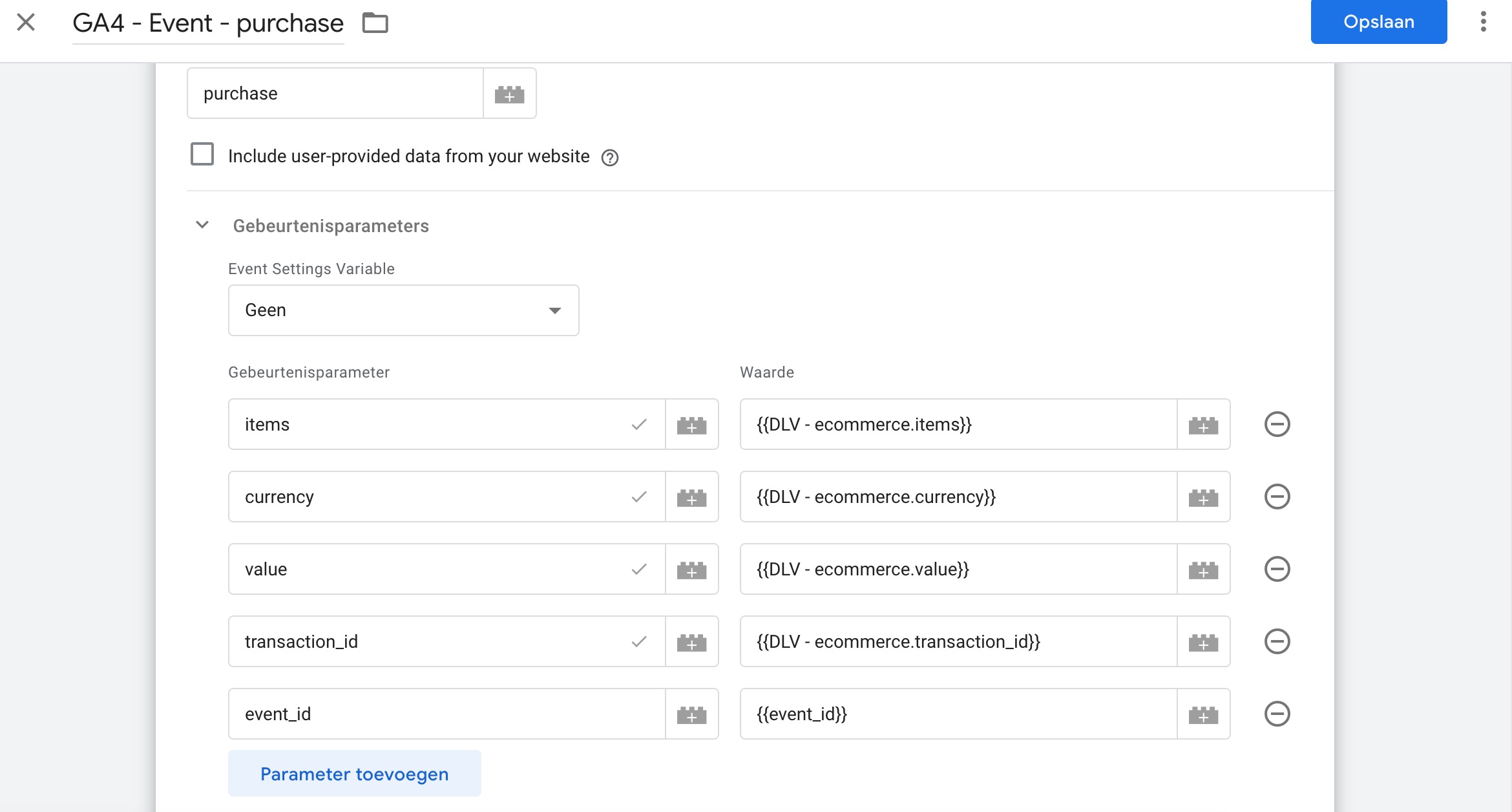 e-commerce tracking tag configuratie voor purchase