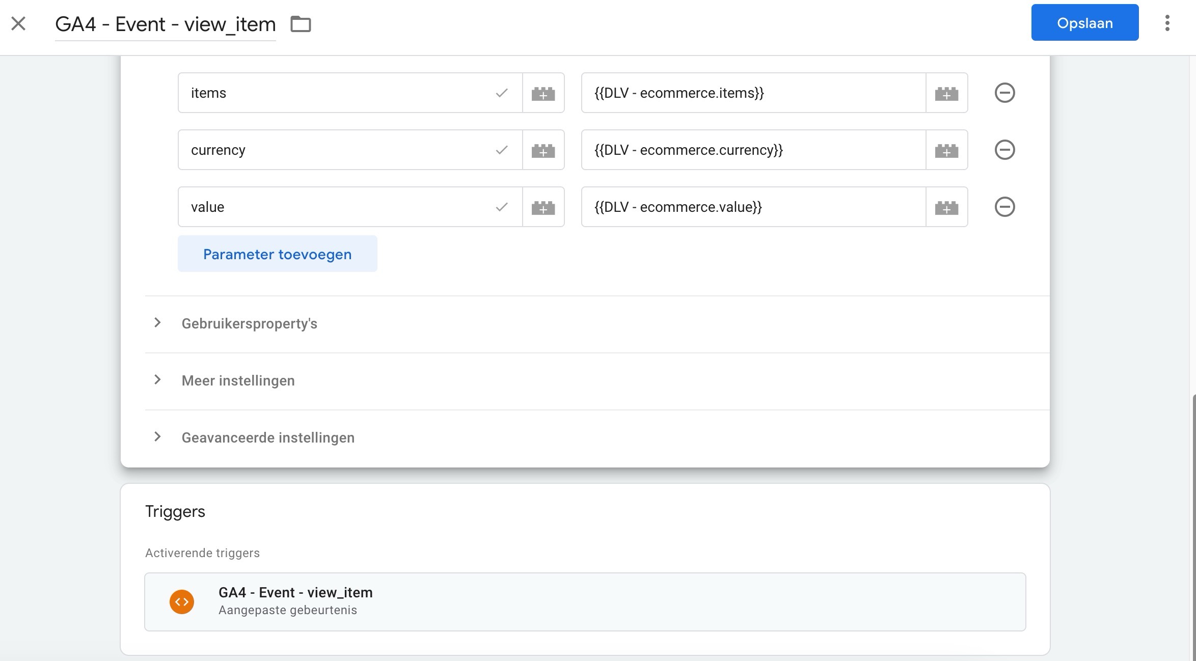 e-commerce tracking view_item event tag instellen