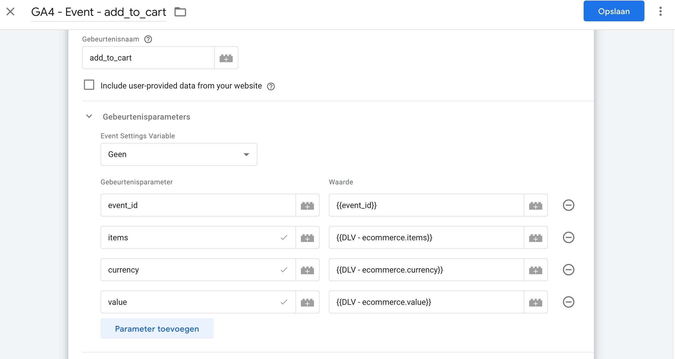 e-commerce tracking tag configuratie voor add_to_cart