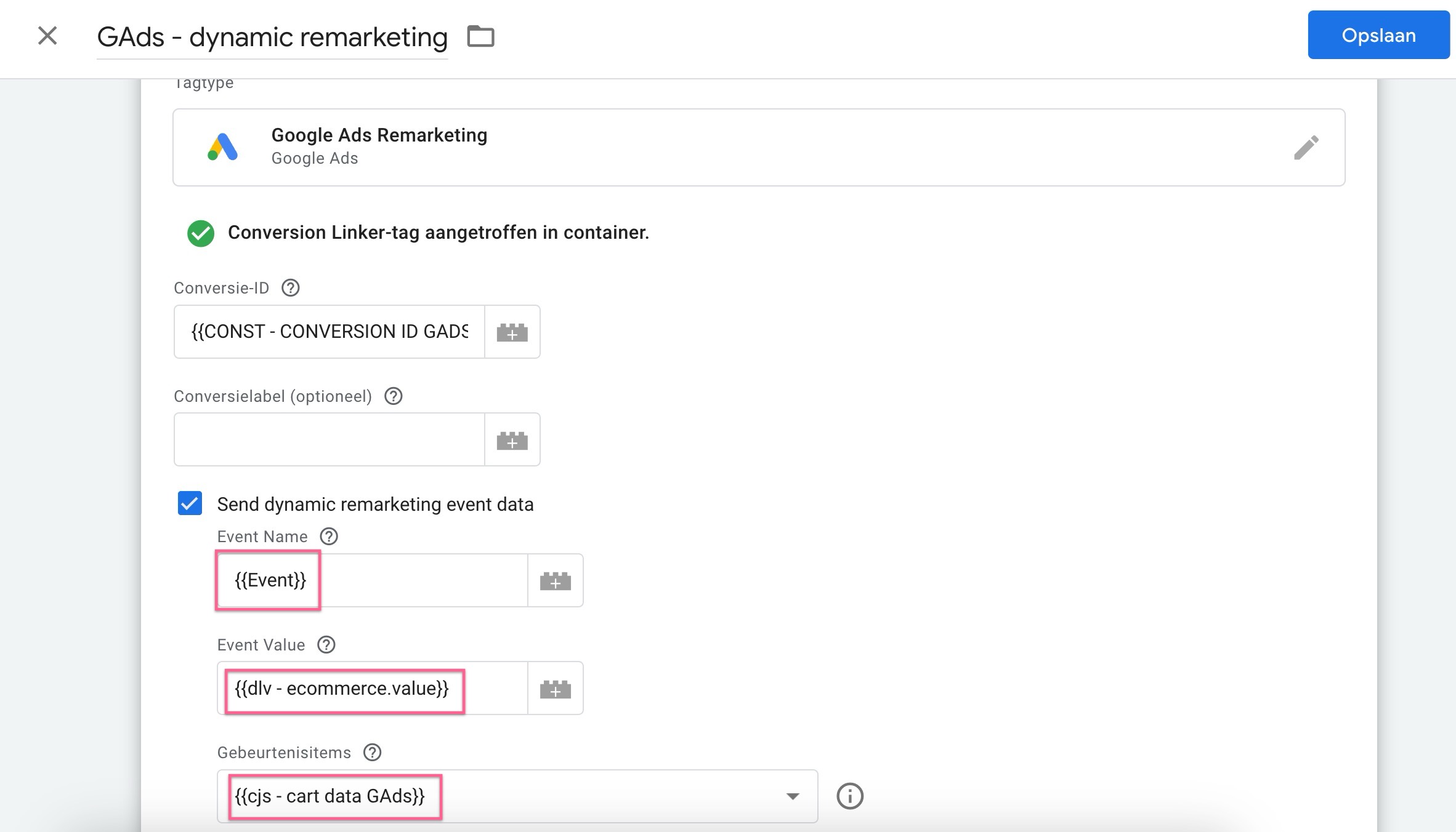 parameters dynamische remarketing tag