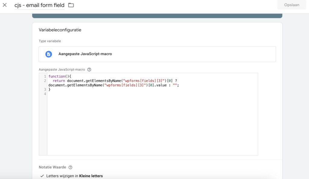 enhanced conversions - aangepaste JavaScript-variabele formulierveld